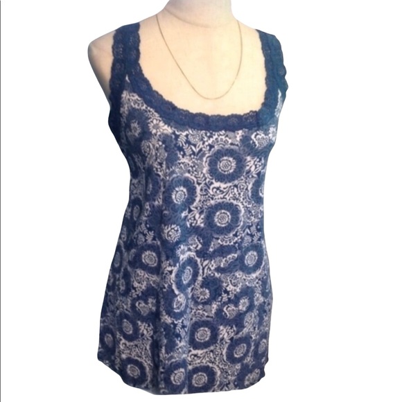 Basic Editions Tops - Basic Edition Blue Floral Lace Trim Tank Top NWOT